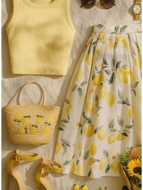 Yellow Lemon-Print Midi Skirt - Women